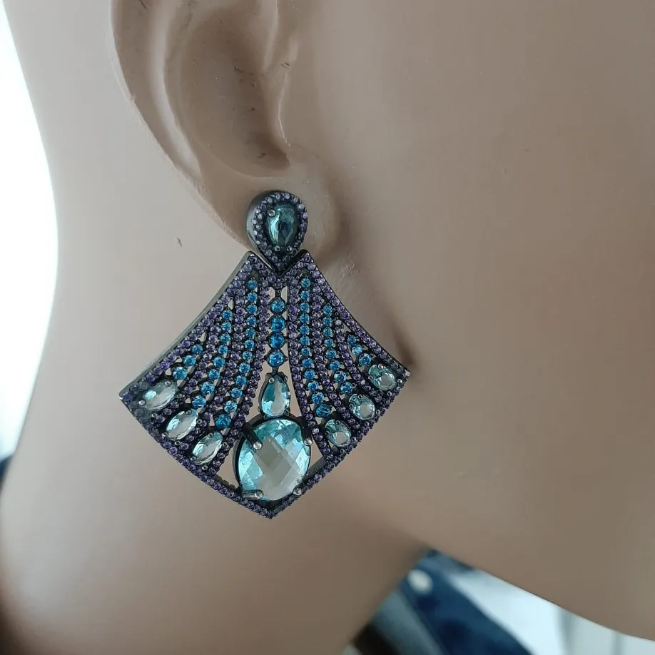 925 Sterling Silver Earrings Blue Stone Statement Long Big Boho Cute Dangle Stud Earrings серьги с камнями 925