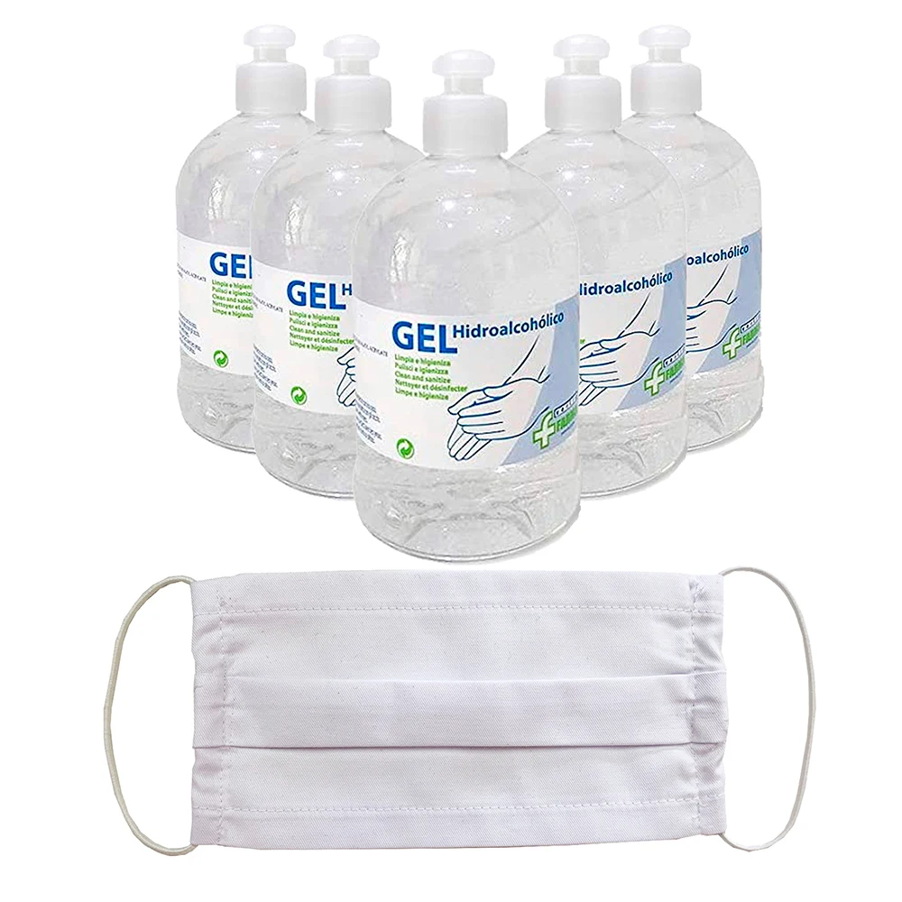 Hydroalcoholic gels self-drying hand sanitisers in pack with breathing or individual protective mask