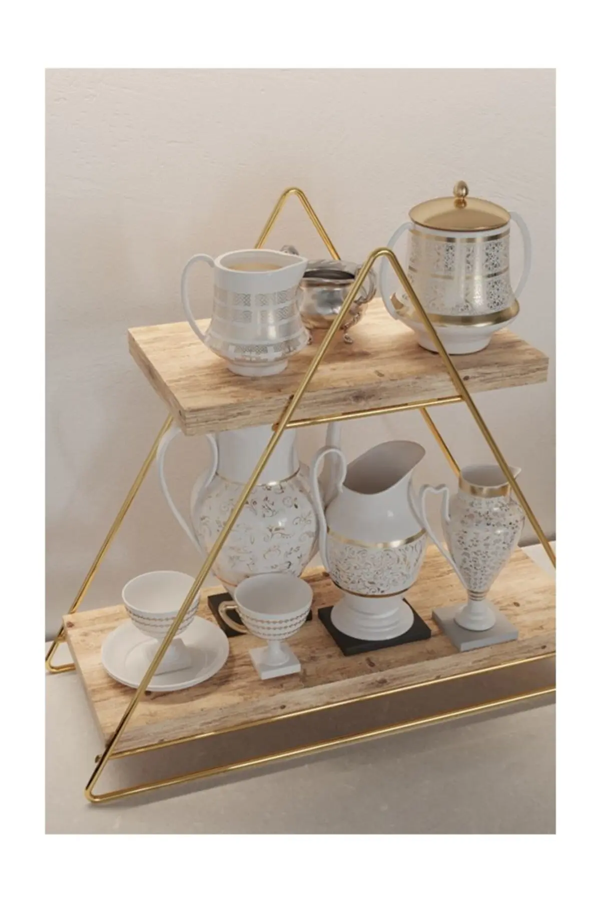 Gold Metal Triangle Table Wooden Serving Rack Decorative Kitchen Bathroom Organizer