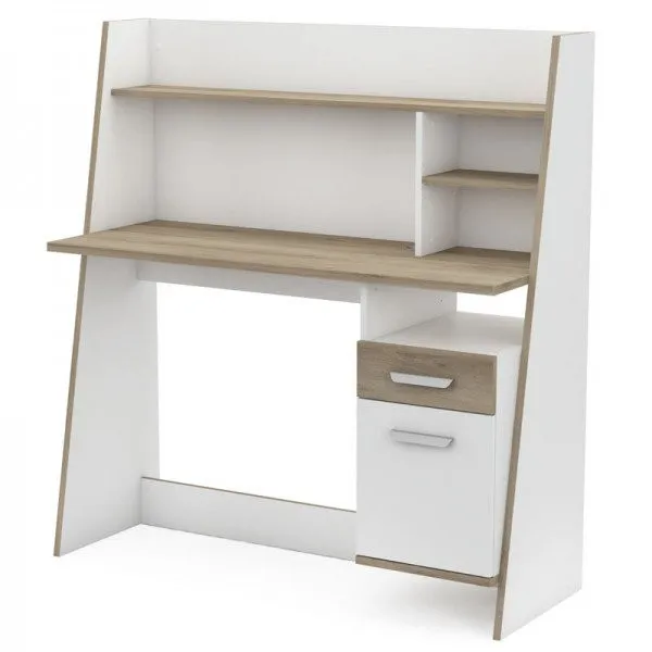 Desk Table White and Oak Youth modern office shelf 1 drawer 1 Door 120x44