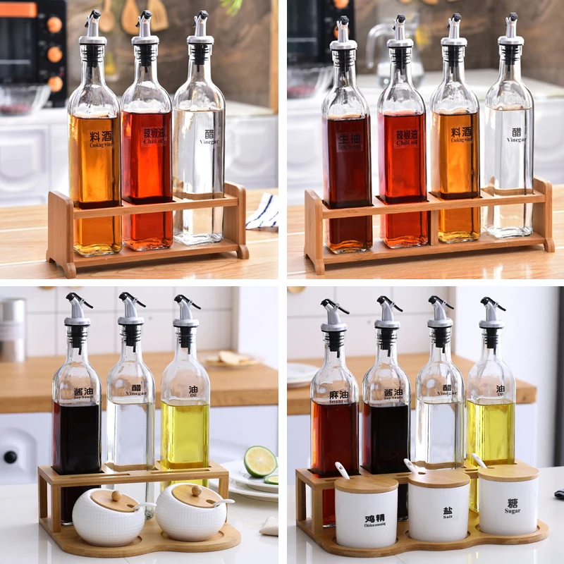 Kitchen Supplies Ceramic Spice Jar Box Set Wood Tray Rack Glass Oil Bottle Salt Tank Sugar Pepper Seasoning Can 7pcs Kit