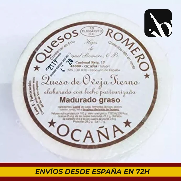 QUESO ROMERO OCAÑA TIERNO 100% de leche pasteurizada de oveja con un color de corteza blanco y un sabor suave, ligero y agradabe