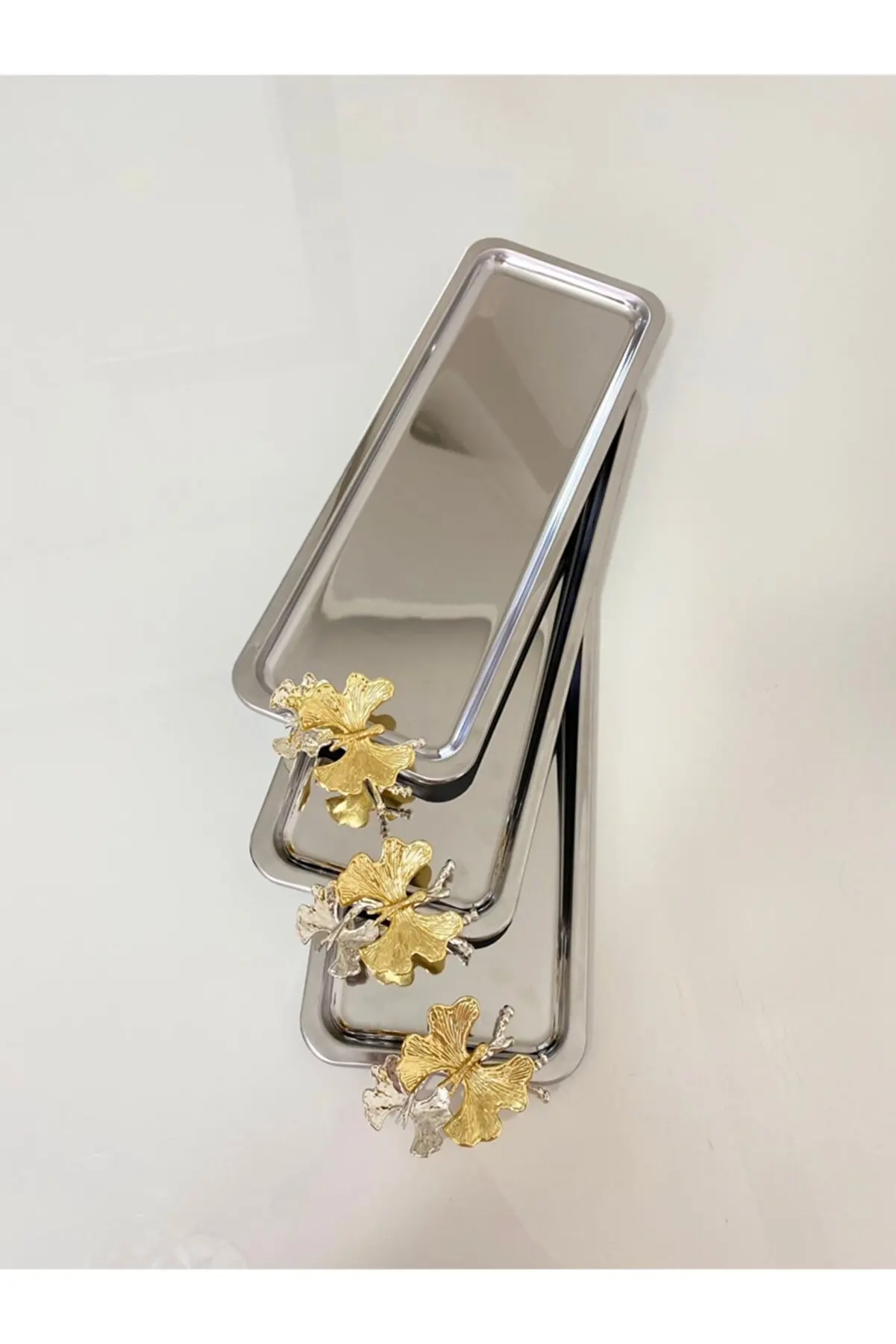 DISCOUNT CAMPAIGN 3 PCS Lux Stainless Steel Butterfly Silver Baton Service, Tea, Coffee, Treat And Presentation Tray 33x13 cm, f