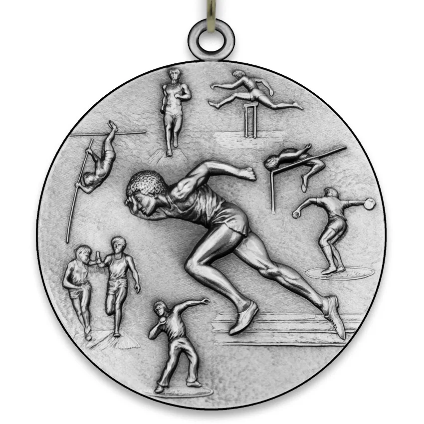 Large Metal Track and Field Male Silver Medal - 6,4 cm - Neck Ribbon size 2,2cm x 80 cm - Choice of Ribbon Colours.