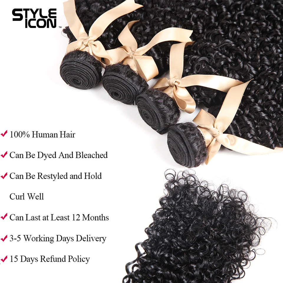 Mèches naturelles Remy bouclées avec Closure, cheveux crépus longs de 36 pouces, 3 lots, livraison gratuite