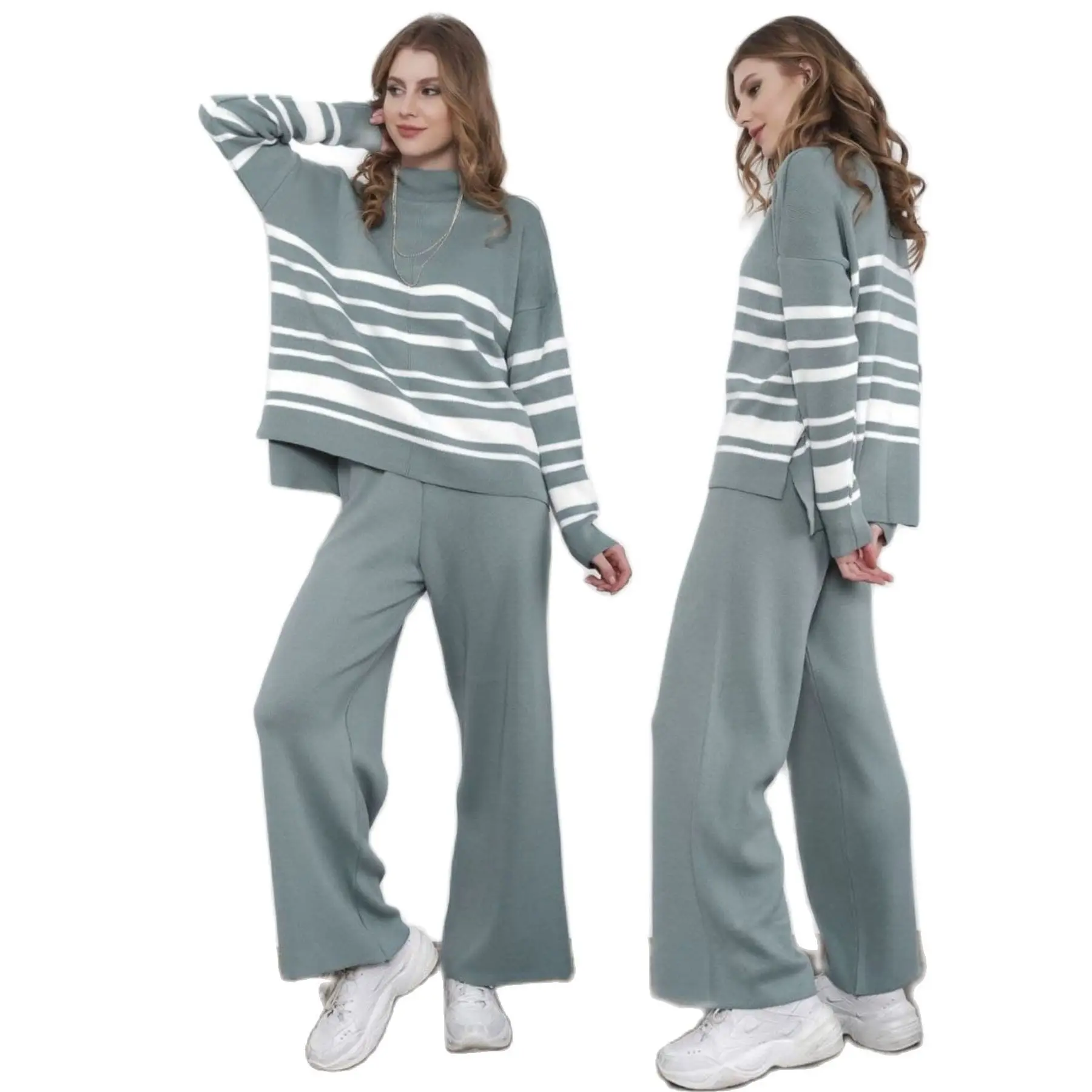 2 Piece Women's Sports Set Collar Detailed Sweater and Cargo Pant Sportive Casual Suit Stripe Patterned One Size Turtleneck 2021