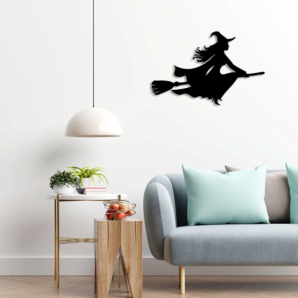 Broomstick Witch Woman Wall Room Home Accessory Wooden Table 50x32cm