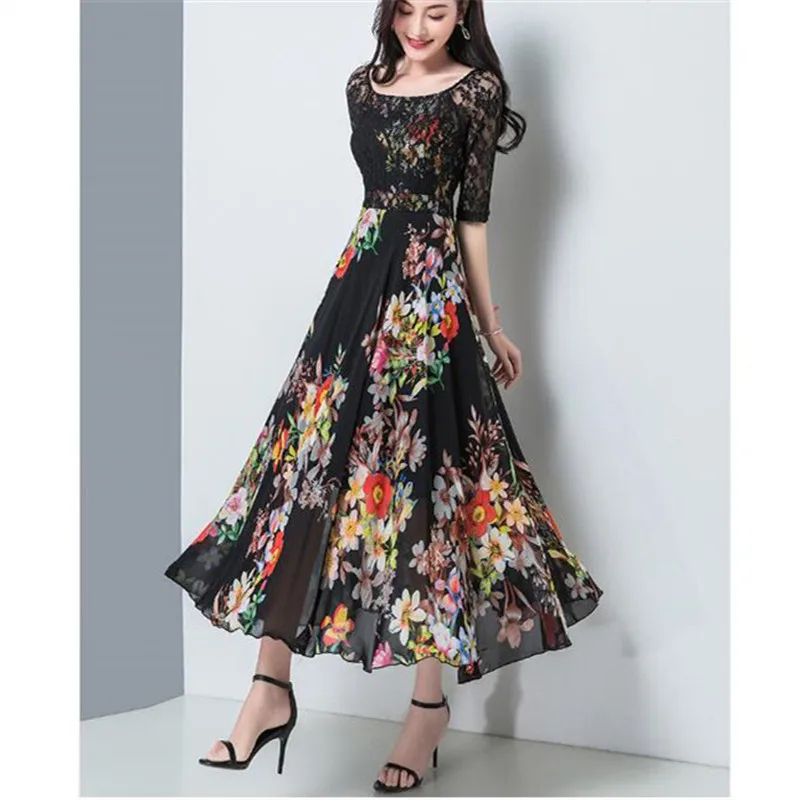 2020 Korean summer new sexy fashion O-neck short-sleeved chiffon printing splicing Slim was thin and big beach lace dress