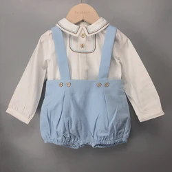 2Pcs Children Boutique Clothing Baby Boy Blue Set Cotton Long Sleeves Shirt And Straps Shorts Baptism Set Eid Clothes FD82203910