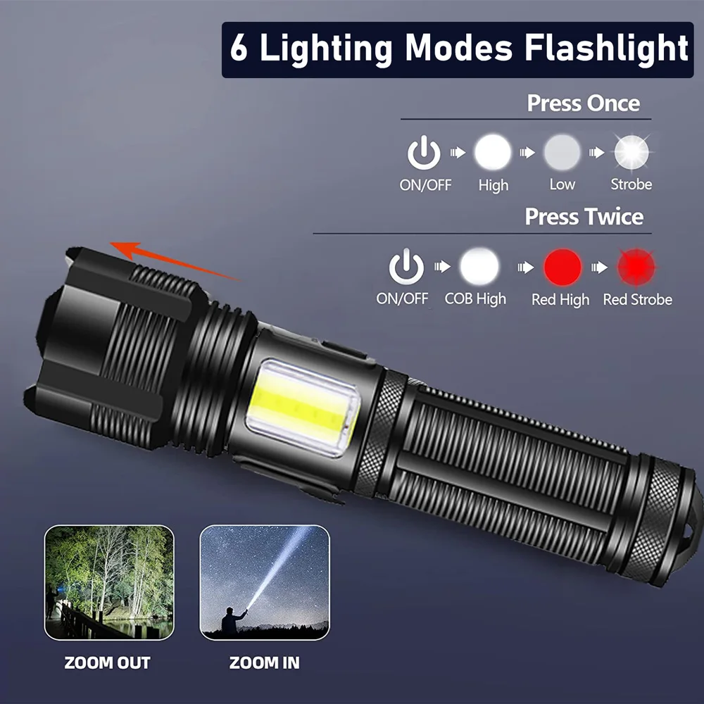 2000000LM XHP120+COB Led Flashlight with 18650 Rechargeable Battery Outdoor Rainproof Zoomable Tactical Flashlight Lantern Torch