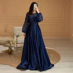 Modest Navy Blue A-Line Evening Dresses Puff Long Sleeves Shiny Lace Satin Slit Prom Gown Saudi Arabic Women Formal Dress