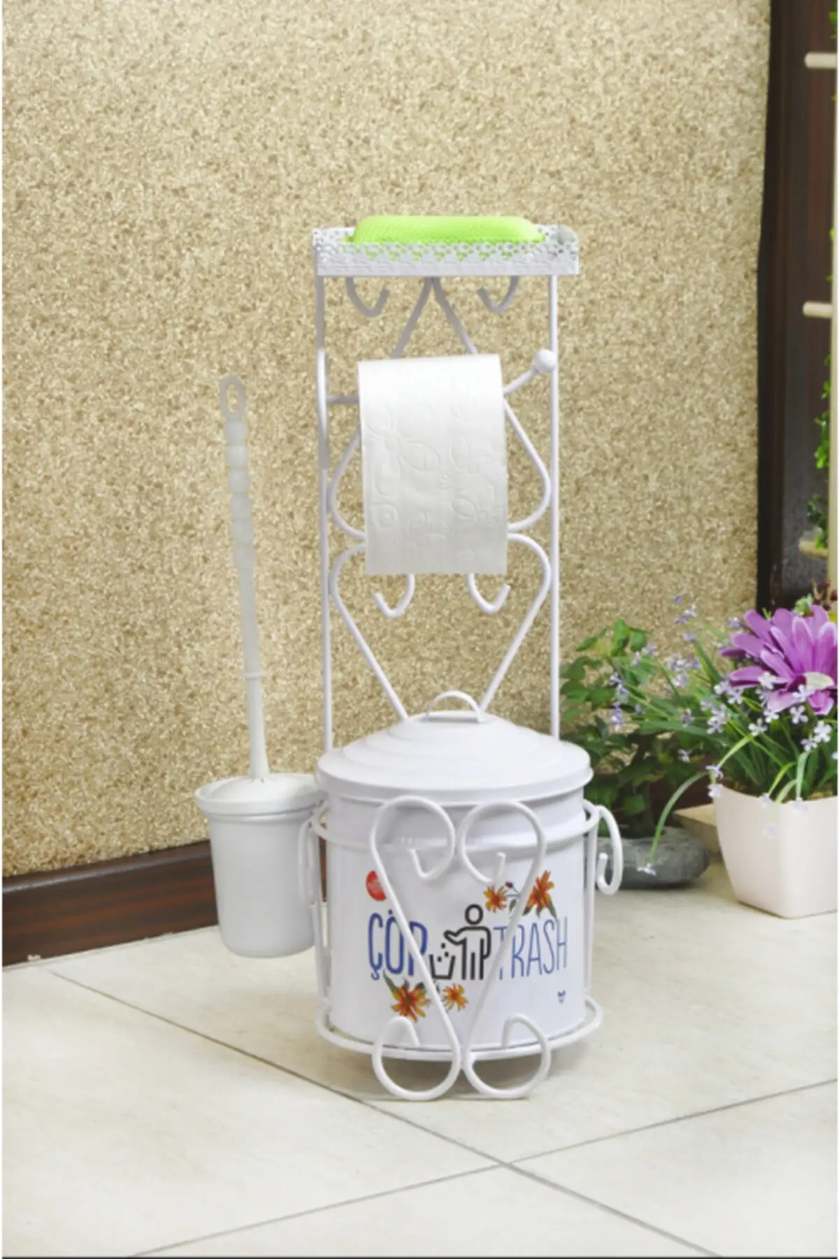 Garbage Bucket Elevator Telefon Shelf Wrought Iron Toilet paper holder And Brush Set