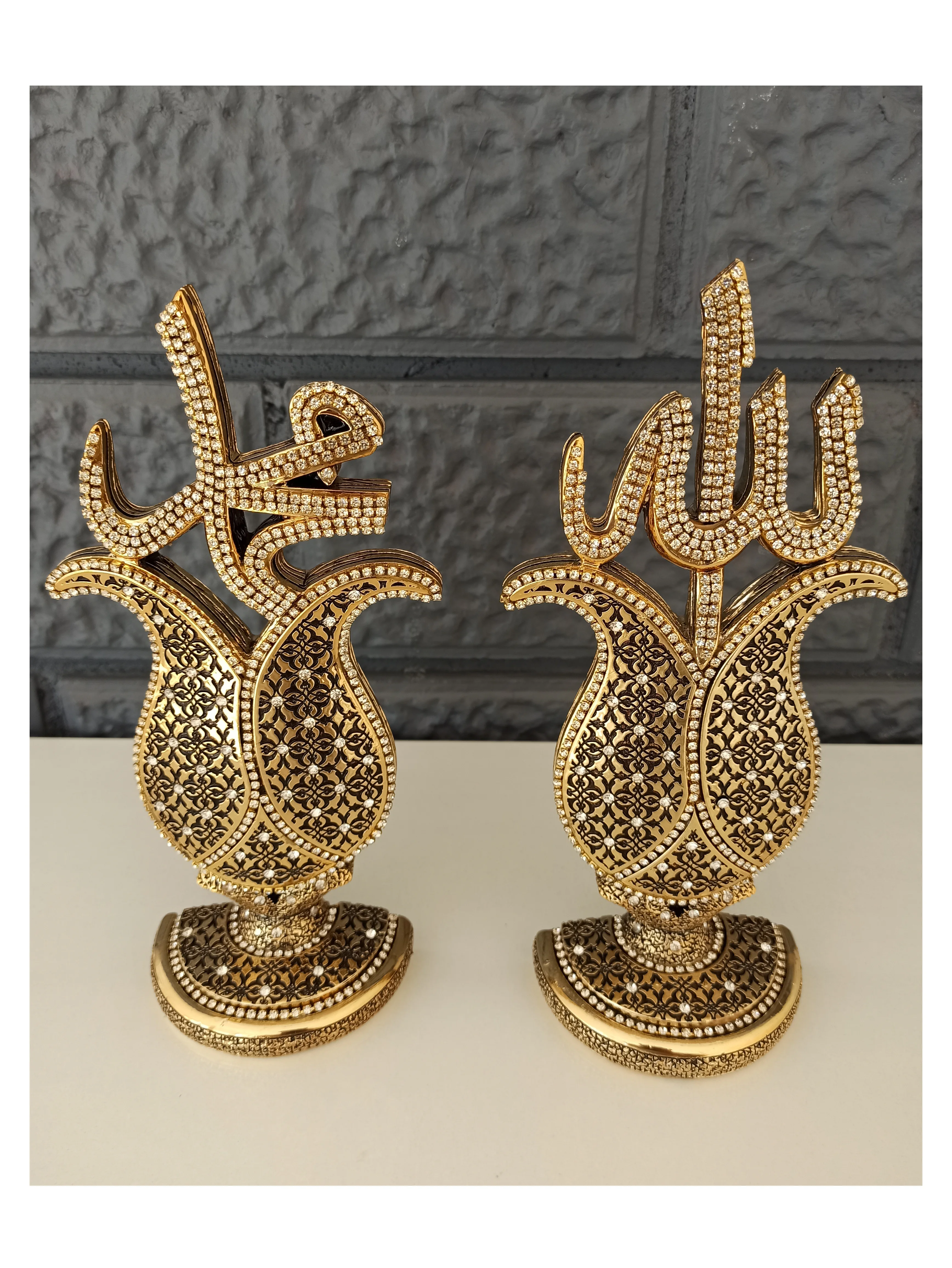 

Arabic Allah (CC) and Muhammad (SAV) Islamic Table Decor Gift Statue Muslim Show Home Decor Gifts Eid Ramadan (Gold Color))