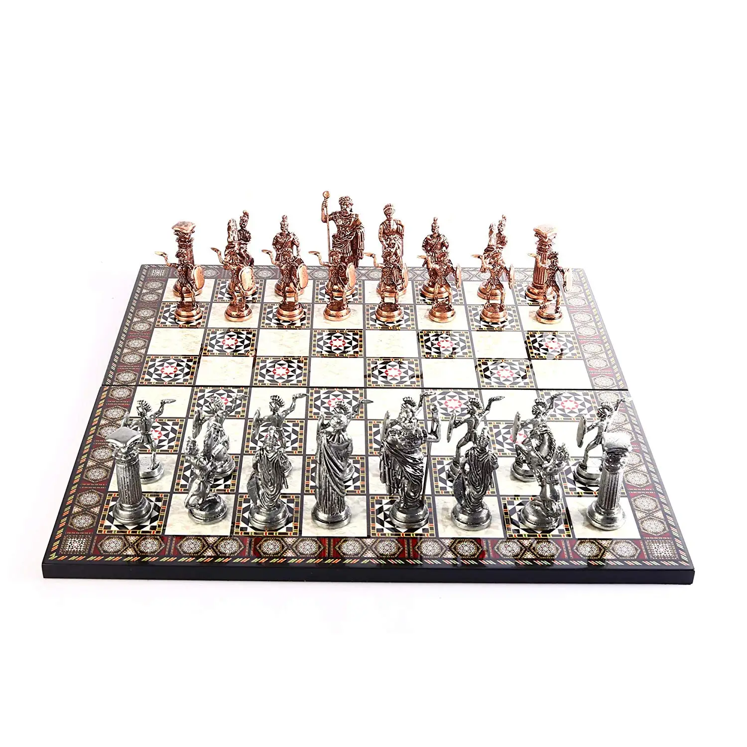 Historical Antique Copper Rome Figures Metal Chess Set,Handmade Pieces,Mother-of-Pearl Design Wood Chess Board King 11 cm