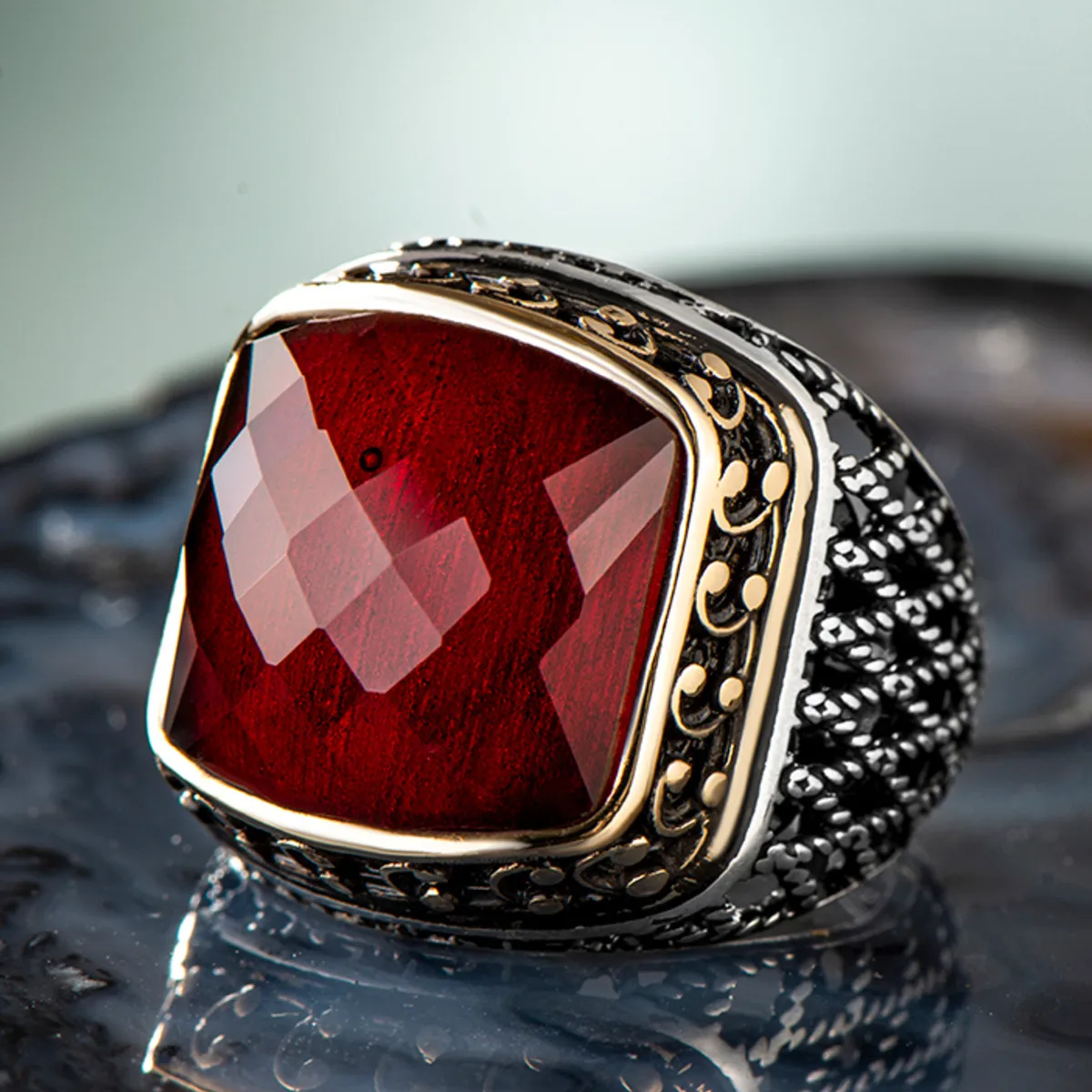 

925 Sterling Silver Facet Cut Red Zircon Stone Men's Ring Exclusive Accessory for Men Special Ring Made in Turkey