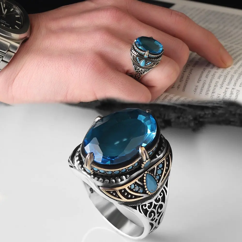 

Blue Topaz Gemstone 925 Sterling Mens Silver Ring, Gift Jewelry, vintage Real Natural Stone Made in Turkey Fashion Accessories Turkish Style Trend