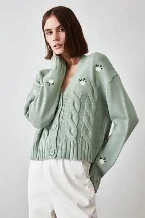 Women Mint Embroidered Knitwear Cardigan Elegant Perspective Organza Sweaters Female Ladies Floral Design