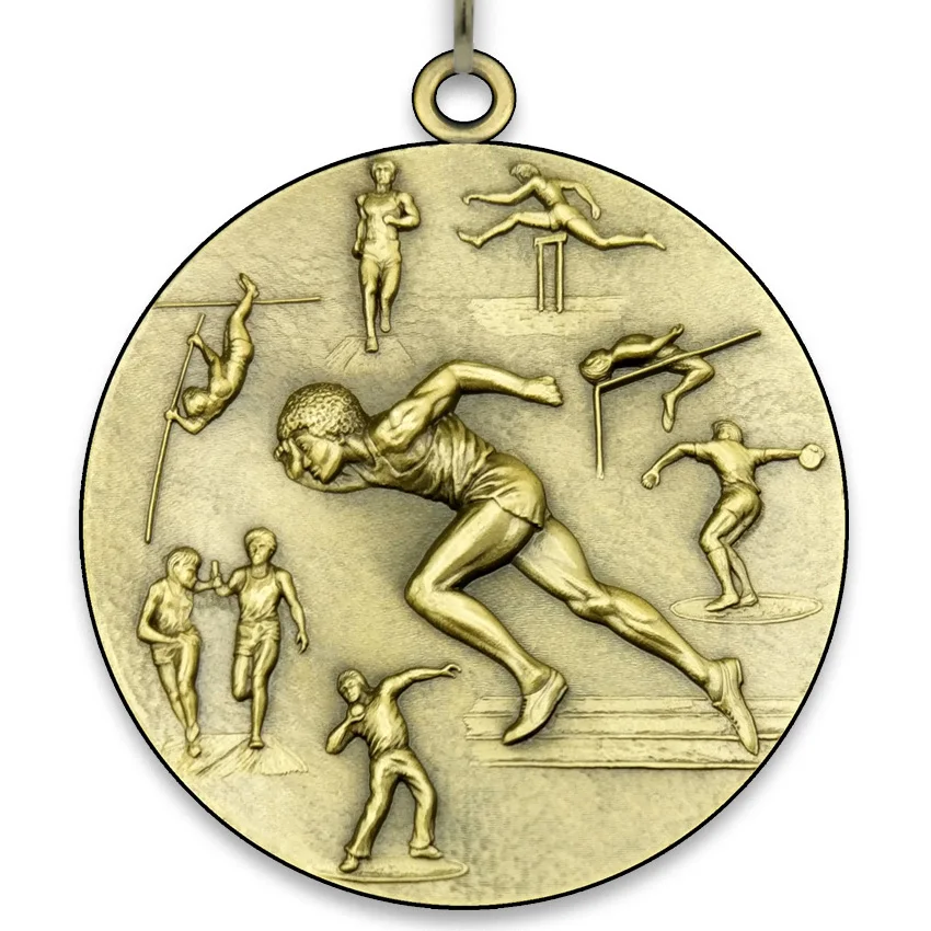 Large Metal Track and Field Medal Male - Gold - 6,4 cm - with Neck Ribbon size 2,2cm x 80 cm - Choice of Ribbon Colours.