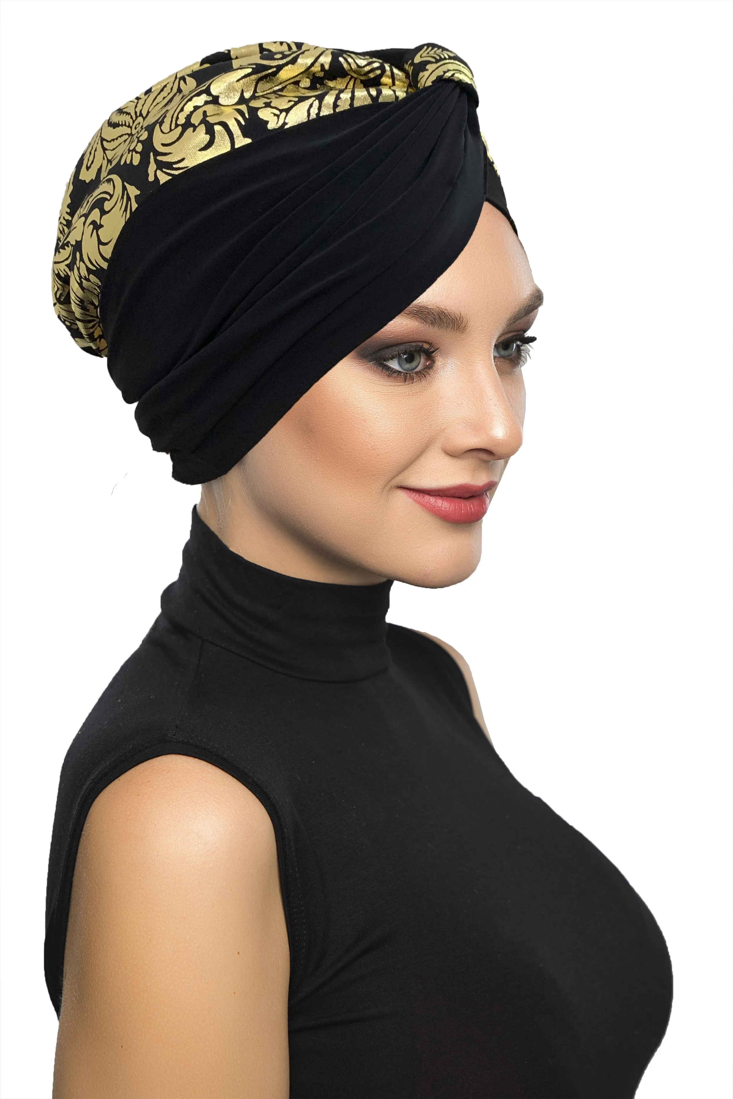 2022 New Fashion Gold Ottoman Pattern On Black Ready Made Turban Hijab Bonnet Scarf Cancer Cap Special Women Product Beret Muslim Liner Chemo All Season Rib Lame Pearl Bead Custom Design