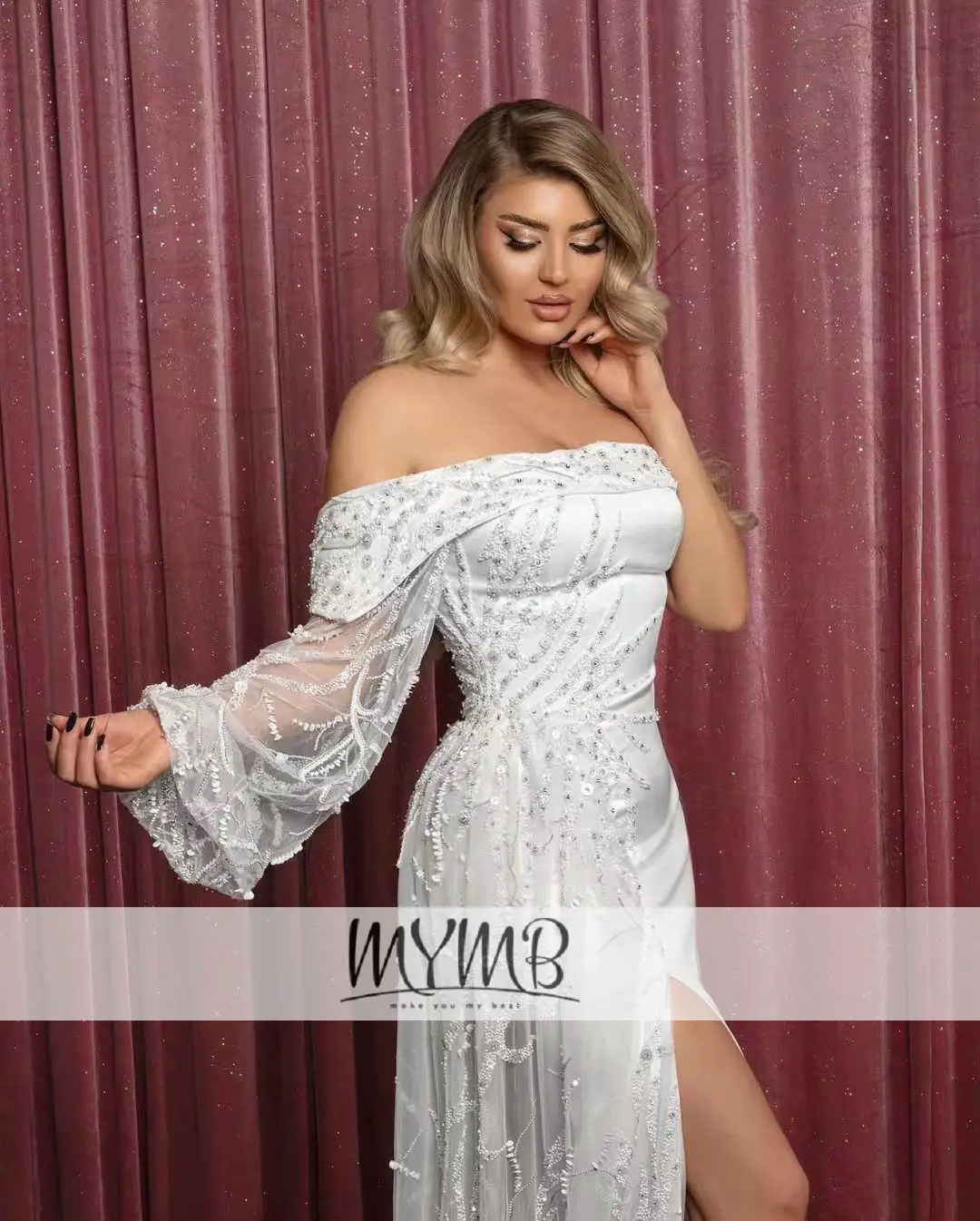 Elegant Off The Shoulder Long Sleeve Beading Applique White Engagement Dress MYMB New Exclusive Evening Dress With Split MY11100