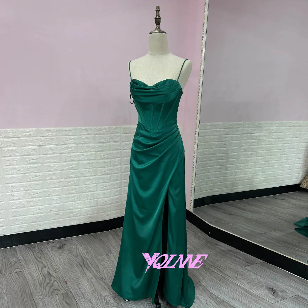 Emerald Green Long Slit Prom Dresses Sexy Straps Soft Satin Formal Evening Party Gowns Robe De Soiree Zipper Back