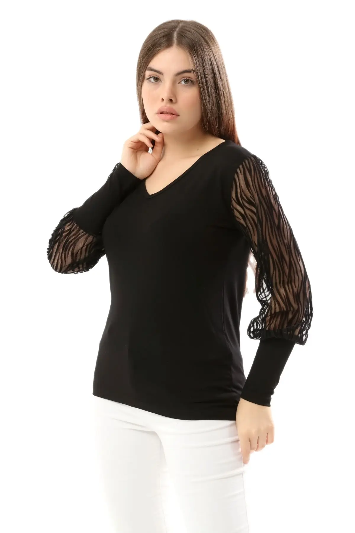 Women Blouse Transparent And Suede Detail Sleeve, Designed And Made In Turkey, New Arrival