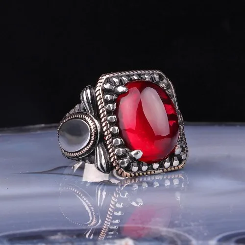 

Silver Turkish Style Ottoman Ring with Red Zircon Stone is Handmade.