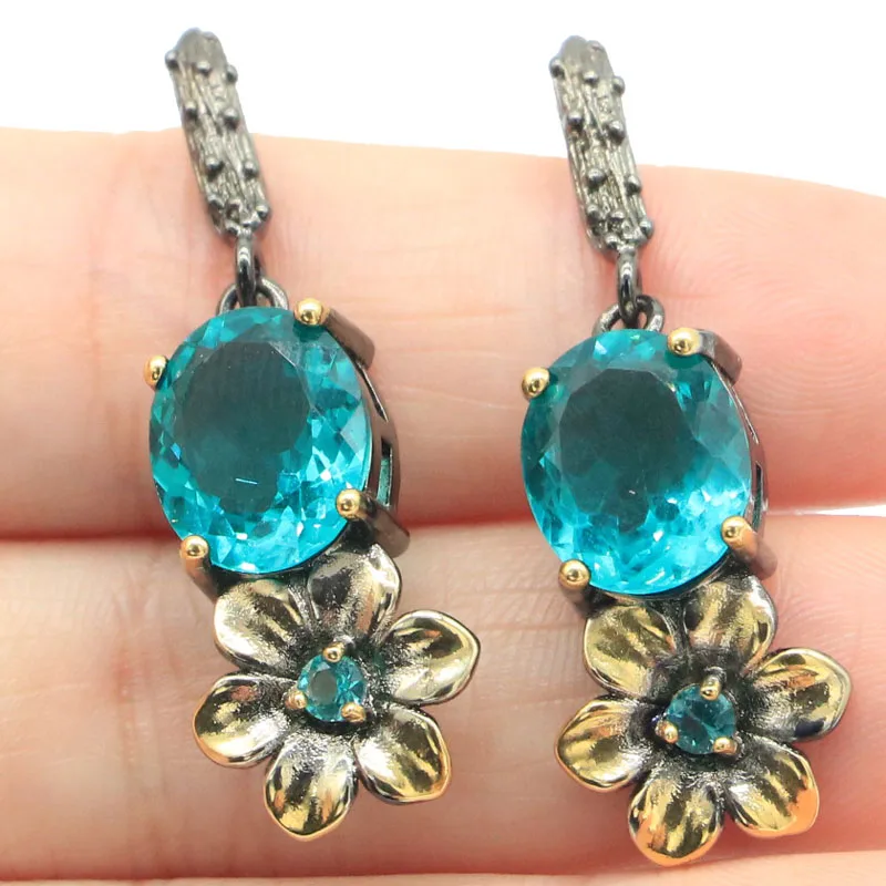 

Buy 4 Get 1 Free 41x13mm 7.2g Vintage Rich Blue Aquamarine Swiss Blue Topaz Woman's Black Gold Silver Earrings