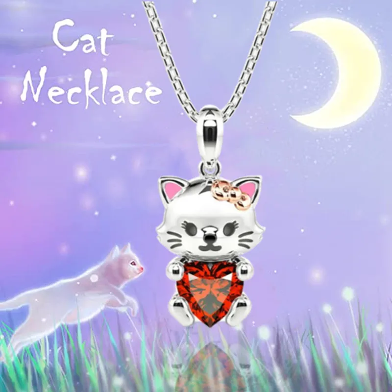 Fashion Income Cute White Cartoon Beloved Cat Animal Necklace Lively Cute Cat Hug Red Love Pendant Pet Cat Girl Gift