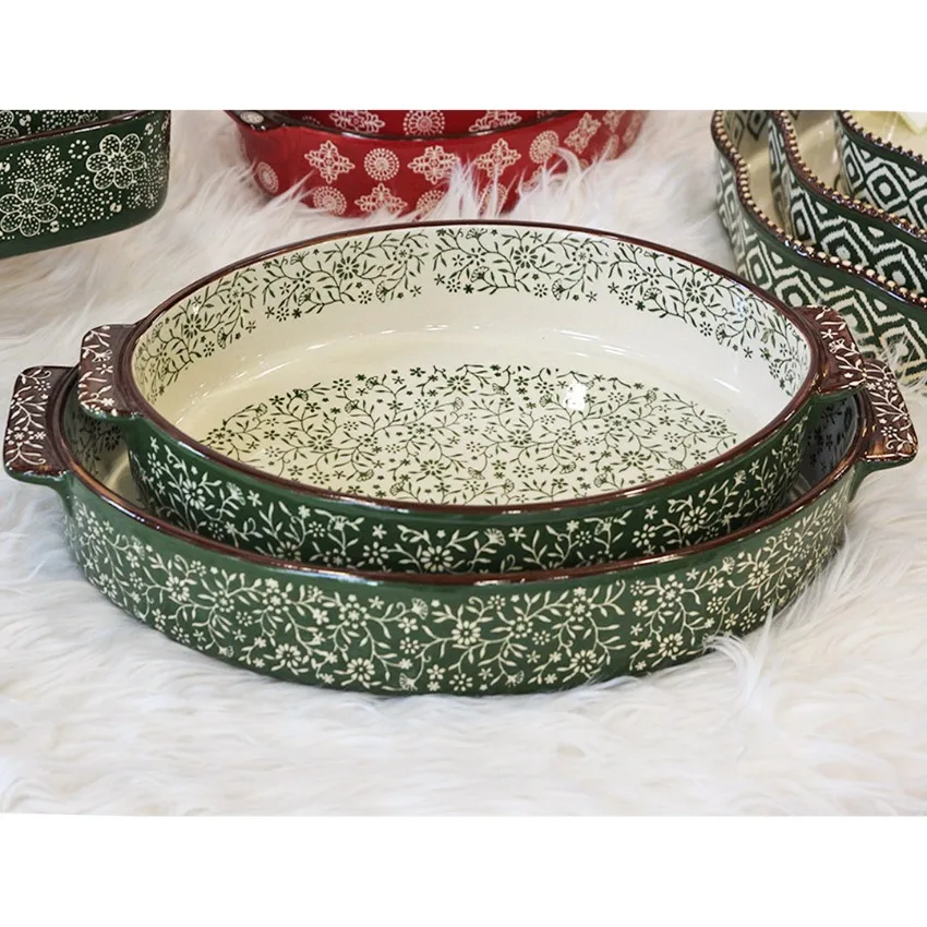 2 Pieces Cemile Retro Porcelain Oval 2 Pcs Ovenware - Green Ovenware Quality Porcelain Meat Chicken Fish Cake Mold Baking Kitche