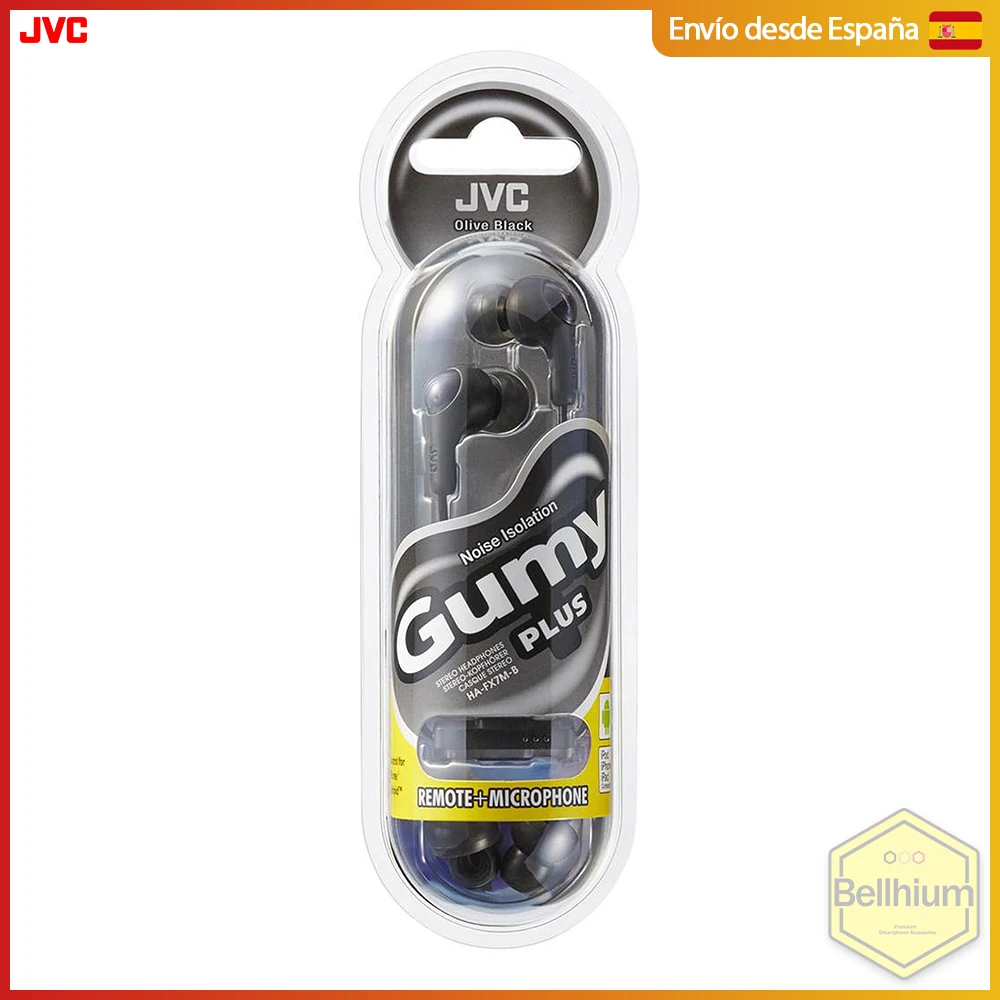 JVC Gummy Plus headset with controller and microphone, 3,5mm Jack connector, sound cancellation, cable 1 M, 3 gums to adjust