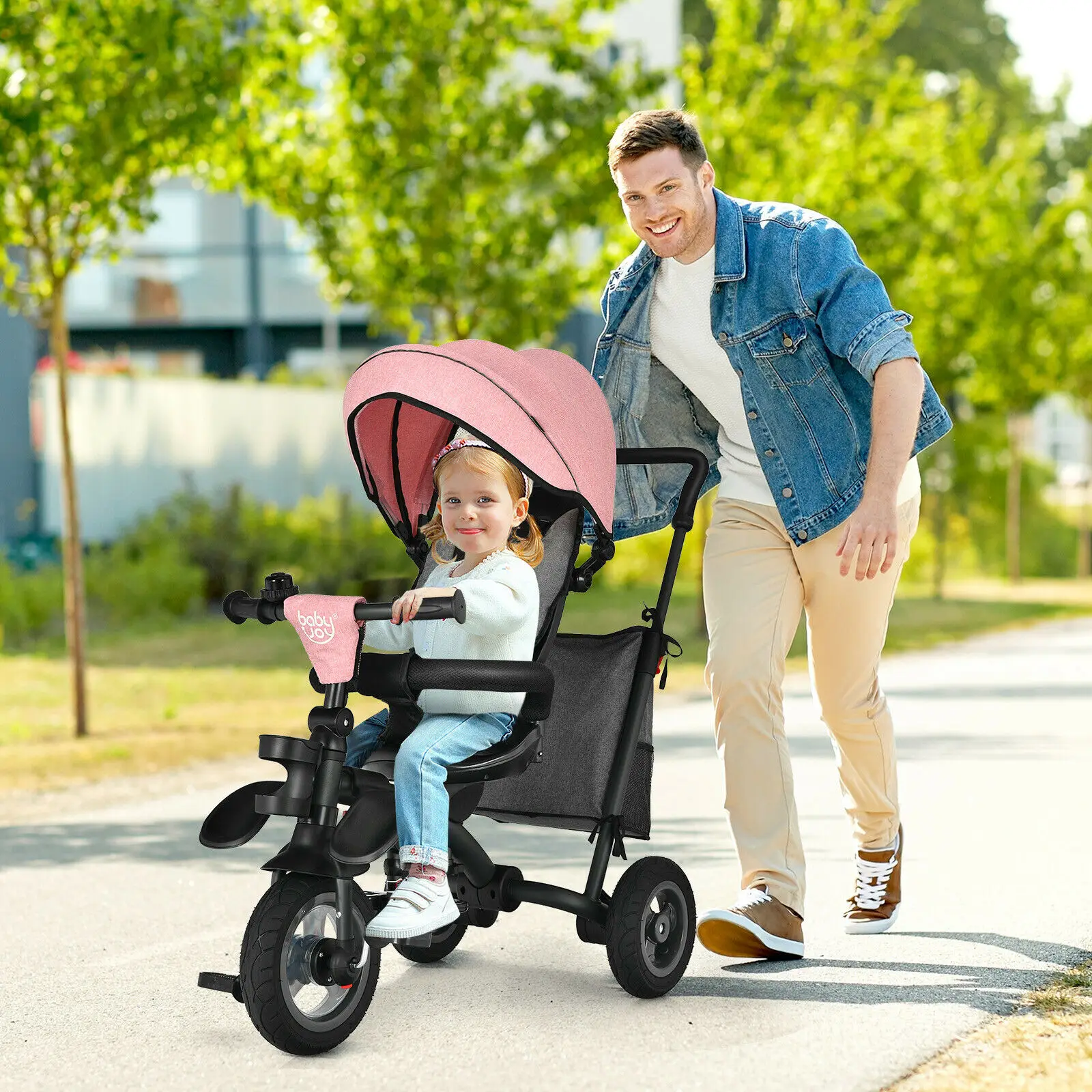 Babyjoy 7-In-1 Kids Baby Tricycle Folding Steer Stroller w/ Rotatable Seat Pink  BB5660PI