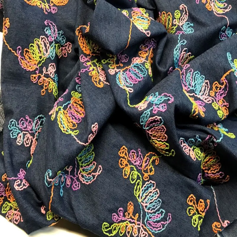 Fabric by meters, denim fabrics, MULTICOLOR flower embroidered denim fabrics, dress fabrics, PERTEX textile