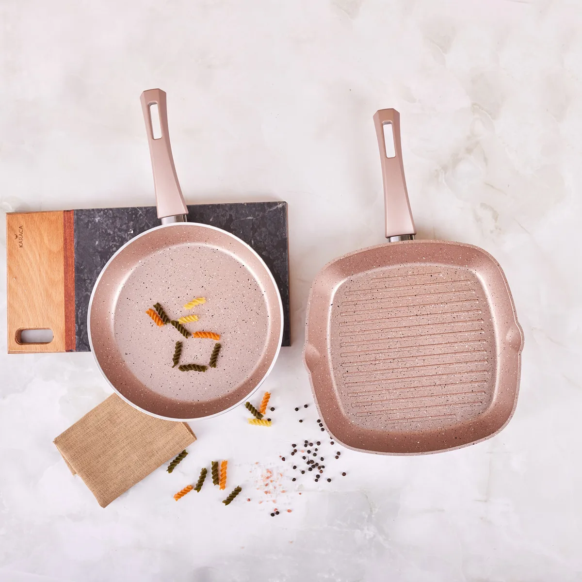 Gris Bio Granite Pan and Grill 2 Piece Set Stainless Fireproof Non-Stick Antibacterial 2021 Turkish Made Europe Asia