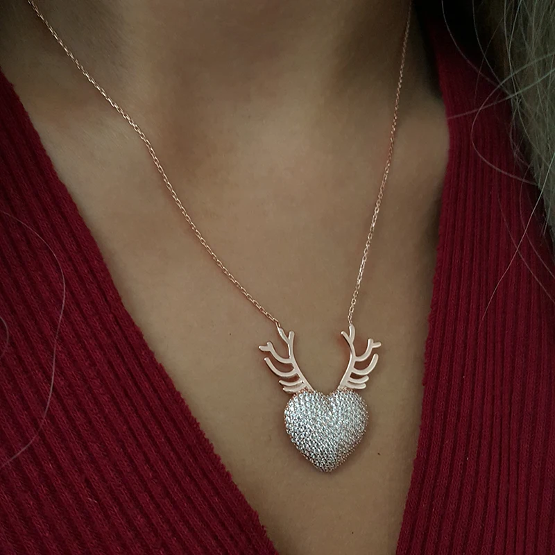 New Love Trendy 925 Silver Turkish Jewelry Heart Zircon Fashion Necklace For Women Deer Luxury Buckhorn Designer Valentines Day