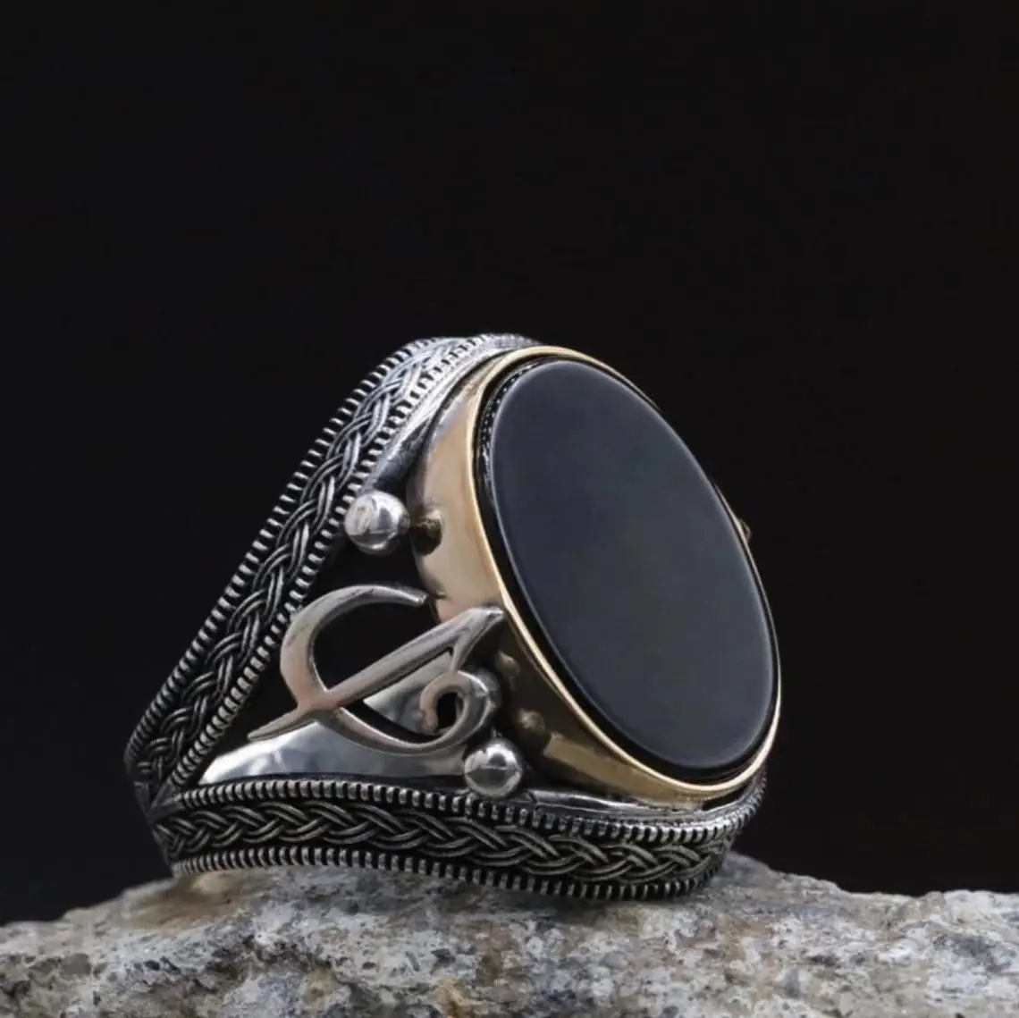 Oval Black Onyx Stone Elif Vav Muslim Ring for Men 925 Sterling Silver Collocation Fashion Natural Male Punk Mask Vintage Jewlry