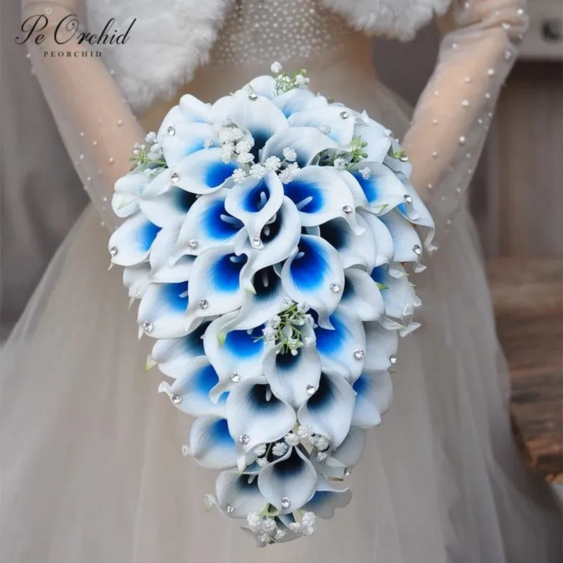 

PEORCHID Artificial Cascading Wedding Flowers Bouquet White Royal Blue Calla Lily Crystal Bridal Bouquet Bridesmaid Bouquet