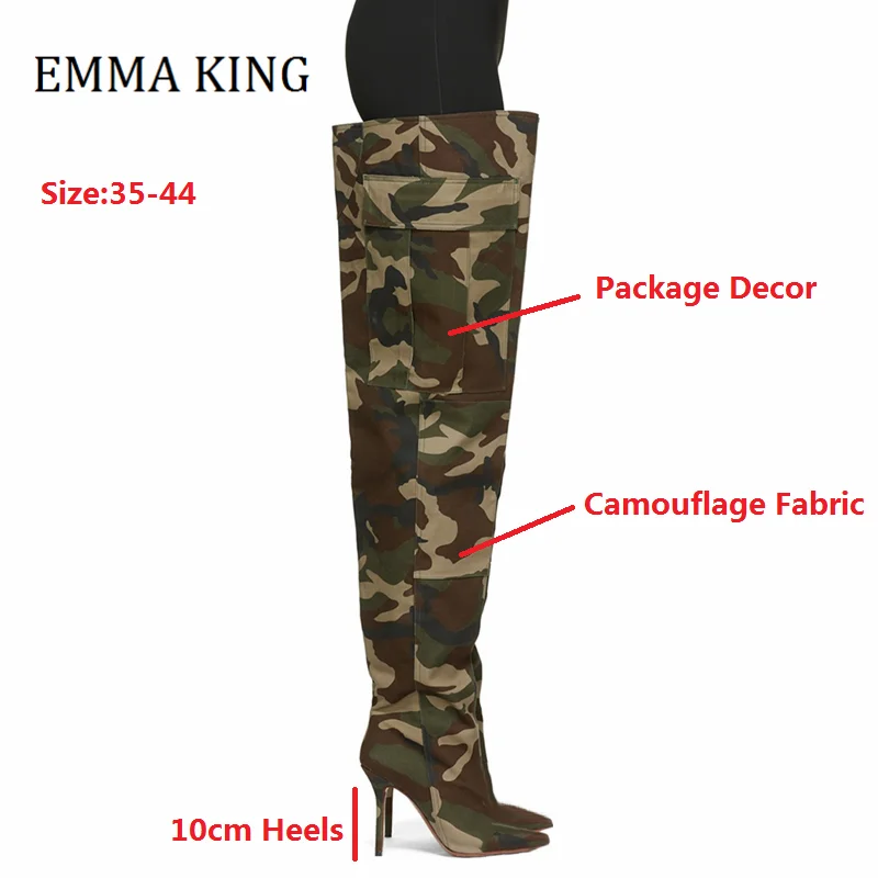 2021 jesienno-zimowa WomenCamouflage wzór udo-wysokie buty Sexy Pointy Toe panie na buty do kolan kobieta Botas De Mujer