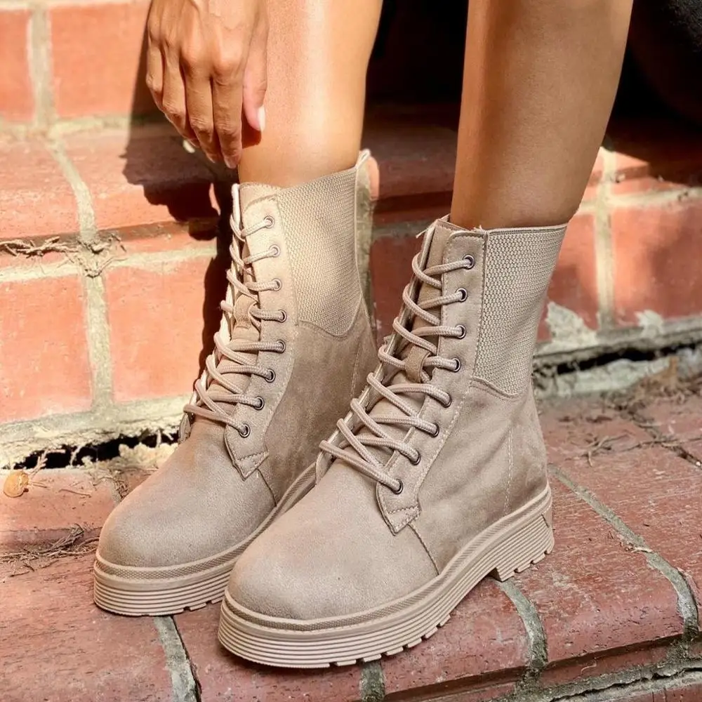 2021 Women's Winter Fashion Boots Suede Materıal Beige Layd Shoes Non-Slip Sole Round Toe With Elastic Band And laced