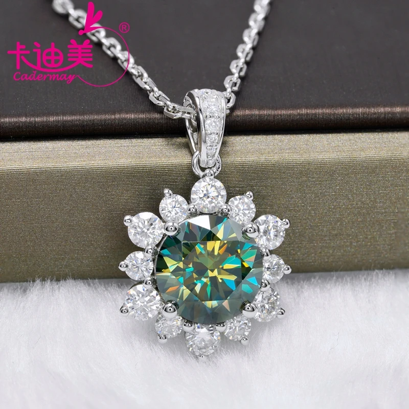 CADERMAY Custom Real Gold 14K 18K 10mm Yellow Green Sunflower Moissanite Pendant Necklace for Women Wedding Fine Jewelry