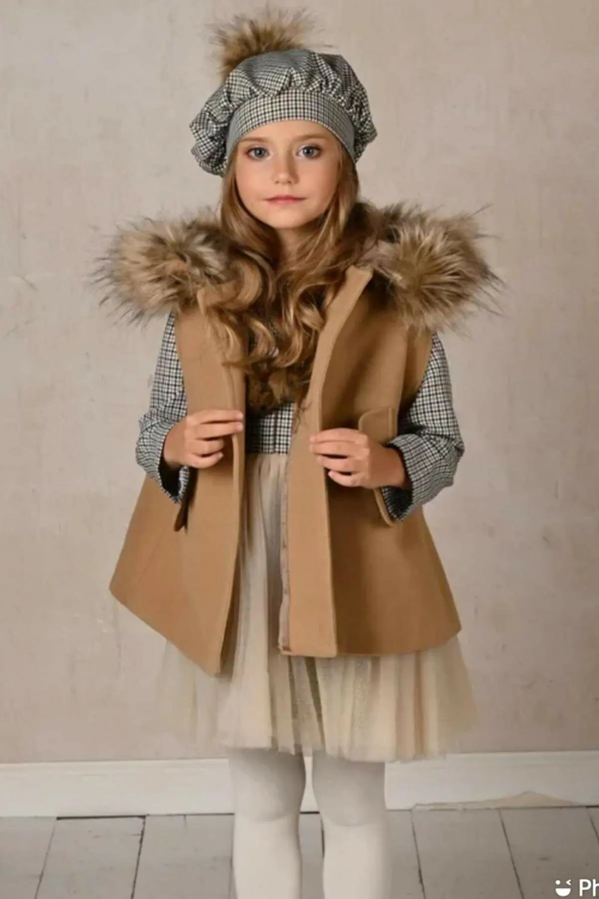 Female Child Stamp Panço Beret Gauze Brown Dress 3 Piece Suit New Season Plaid Hooded Long-Sleeve