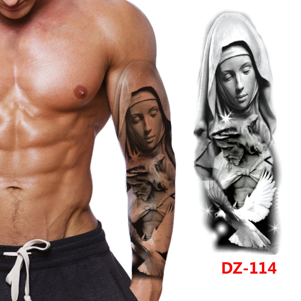 Waterproof Tattoo Sticker Totem Full Arm Large Size Sleeve Temporary Tattoos Lion  Wolf Death Fake Tattoo For Men Women Body Art