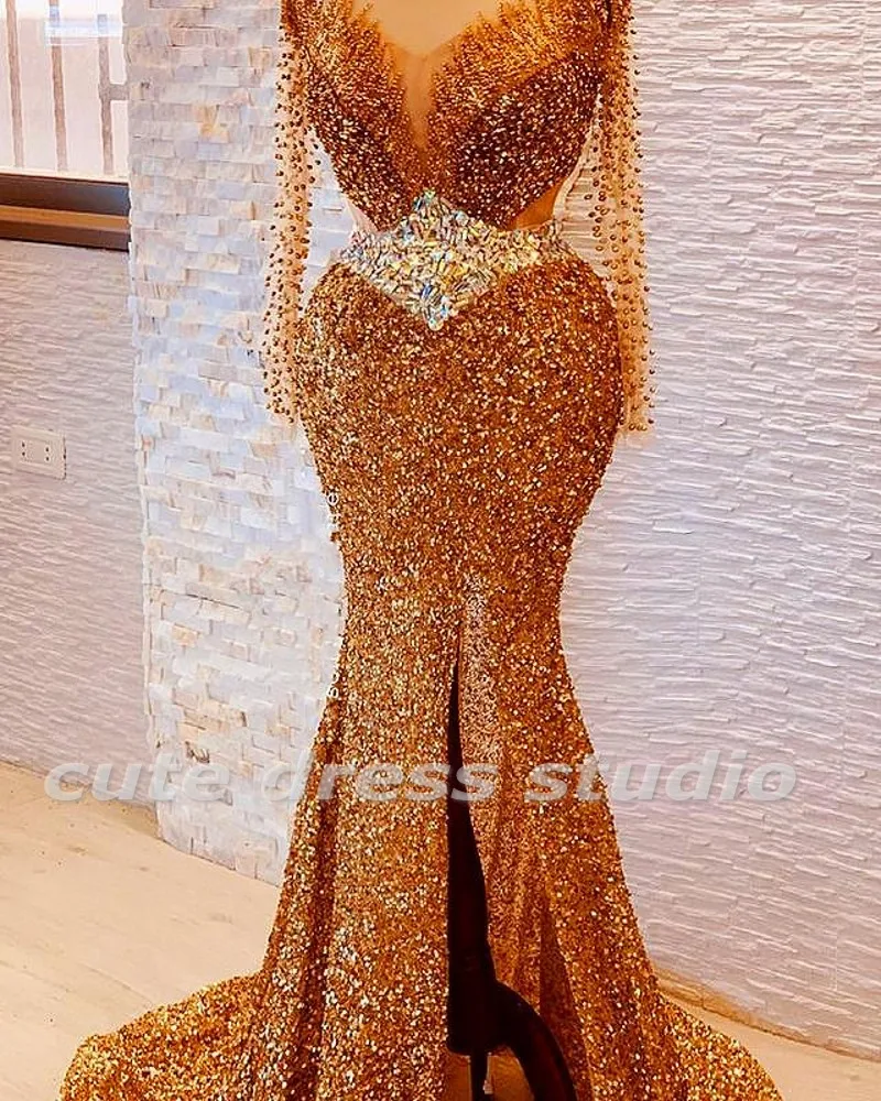 

Amazing Crystal Gold Evening Dresses Long Sleeves Sequin Beading Mermaid Wedding Reception Dress For Women Prom Wear