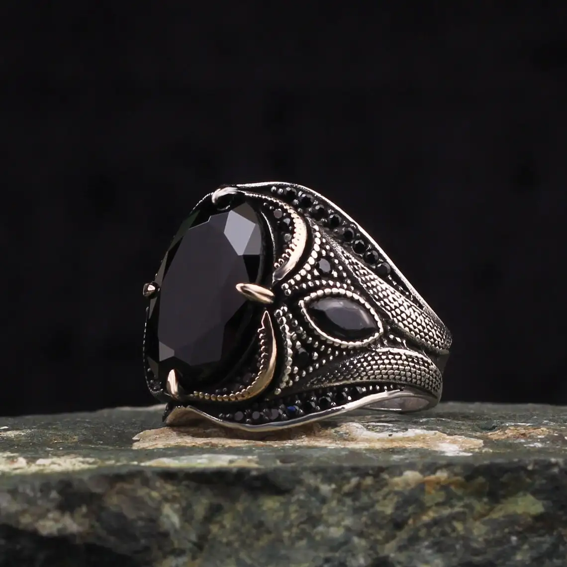 Black Zircon Stone Men Silver Ring, 925 Sterling Silver Black Zircon Gemstone Ring, Handmade Engraved Turkish Silver Ring