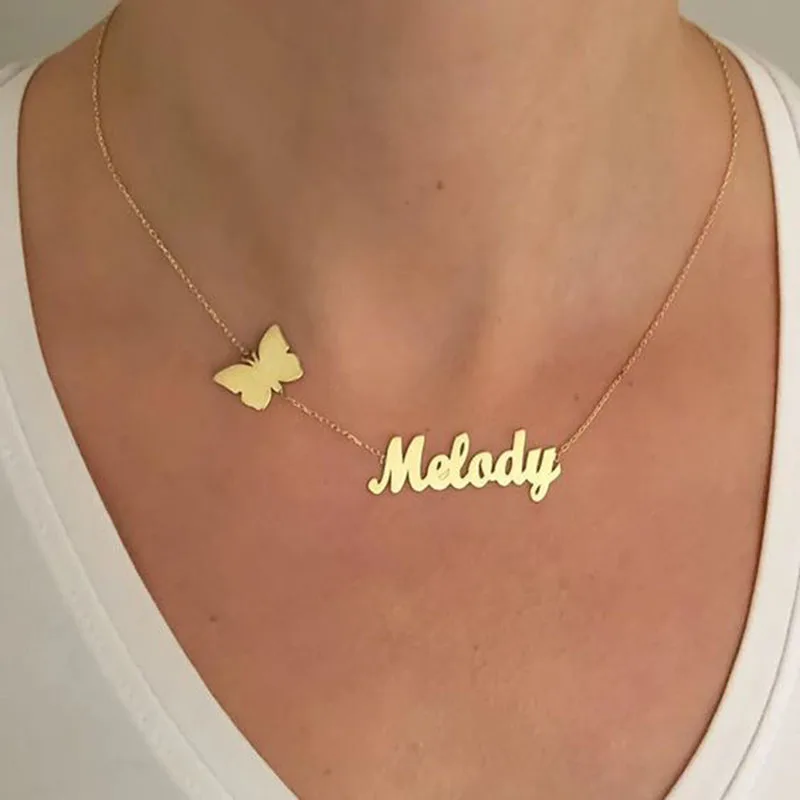 

Custom Butterfly Necklaces For Women Stainless Steel Nameplate Personalized Gold Color Choker Pendant Necklace Custom Jewelry