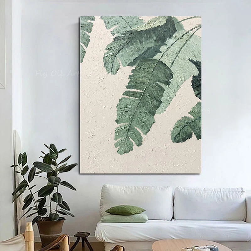 100% Handpainted green leaf thick simple nordic tropical pop design large size oil painting for home office decoration as a gift