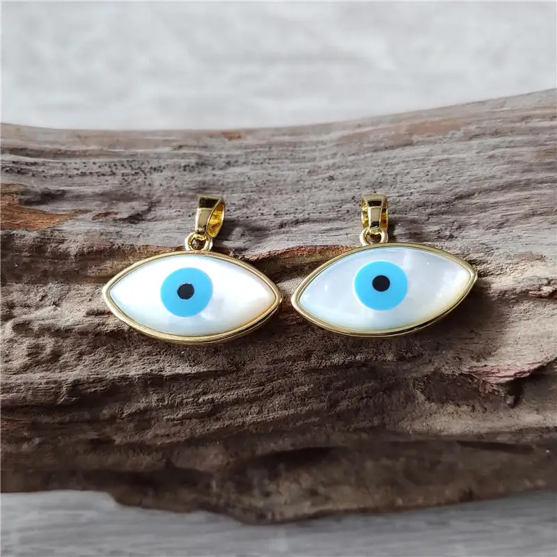 FUWO Wholesale 11*21mm Natural Shell Blue Evil Eye Pendant,Golden Plated Necklace Accessories For Jewelry Making 5Pcs/Lot PD612