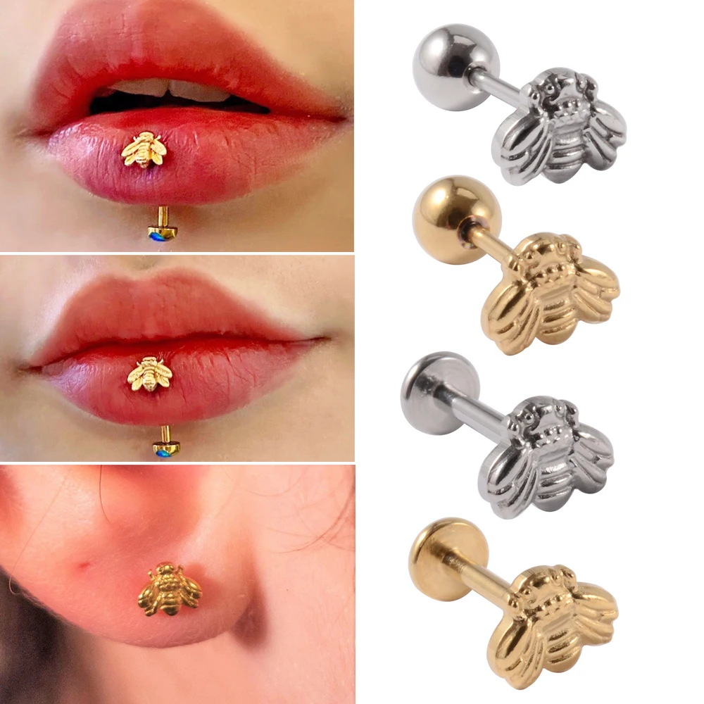 1PC Stainless Steel Bee Ear Studs Tragus Cartilage Earring Piercing Bee Internally Threaded Labret Stud Piercing Body Jewelry