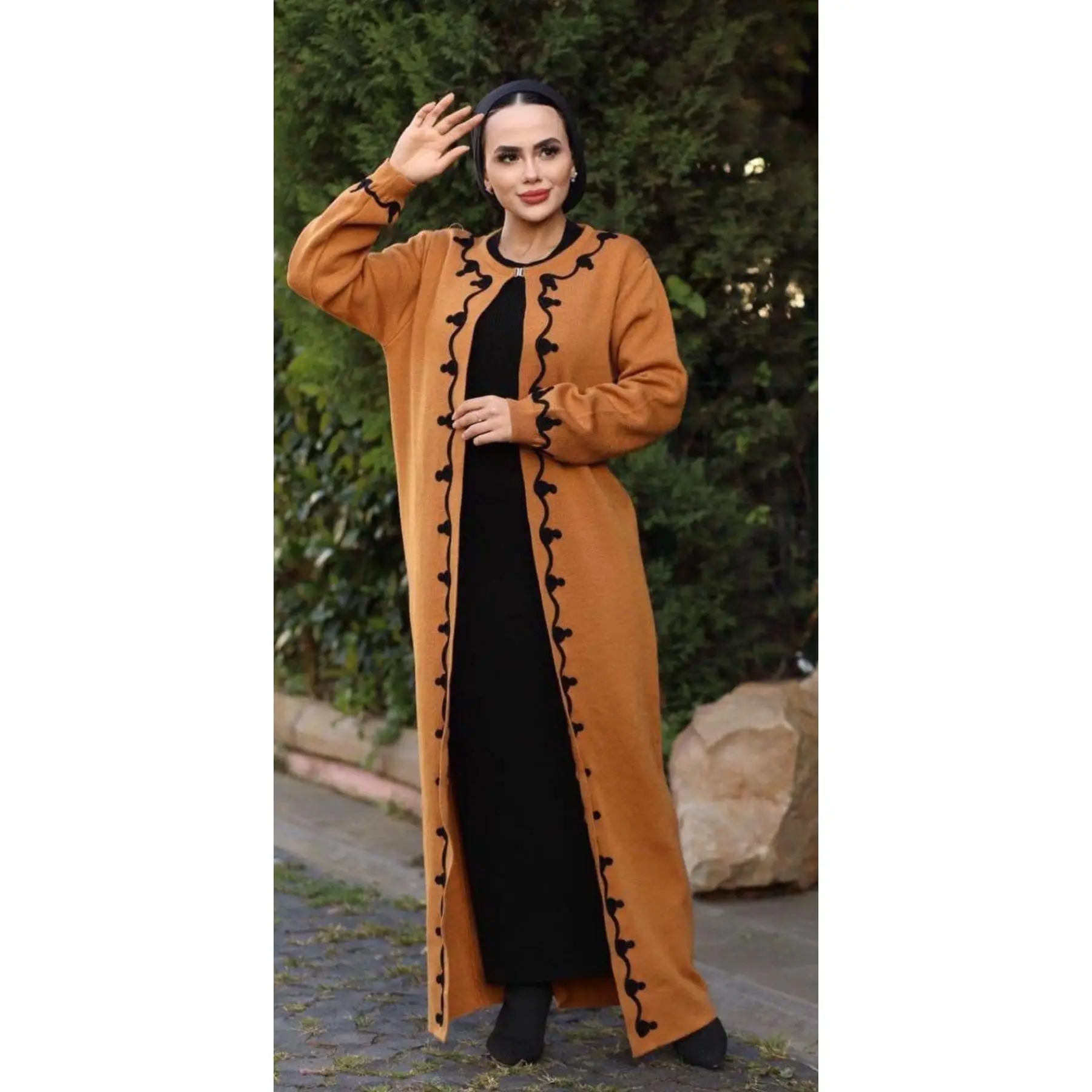 2 Piece Women\'s Set Stipes Patterned Maxi Dress and Long Sleeve Maxi Cardigan Knitted Suit Turkish Quality Muslim Clothing