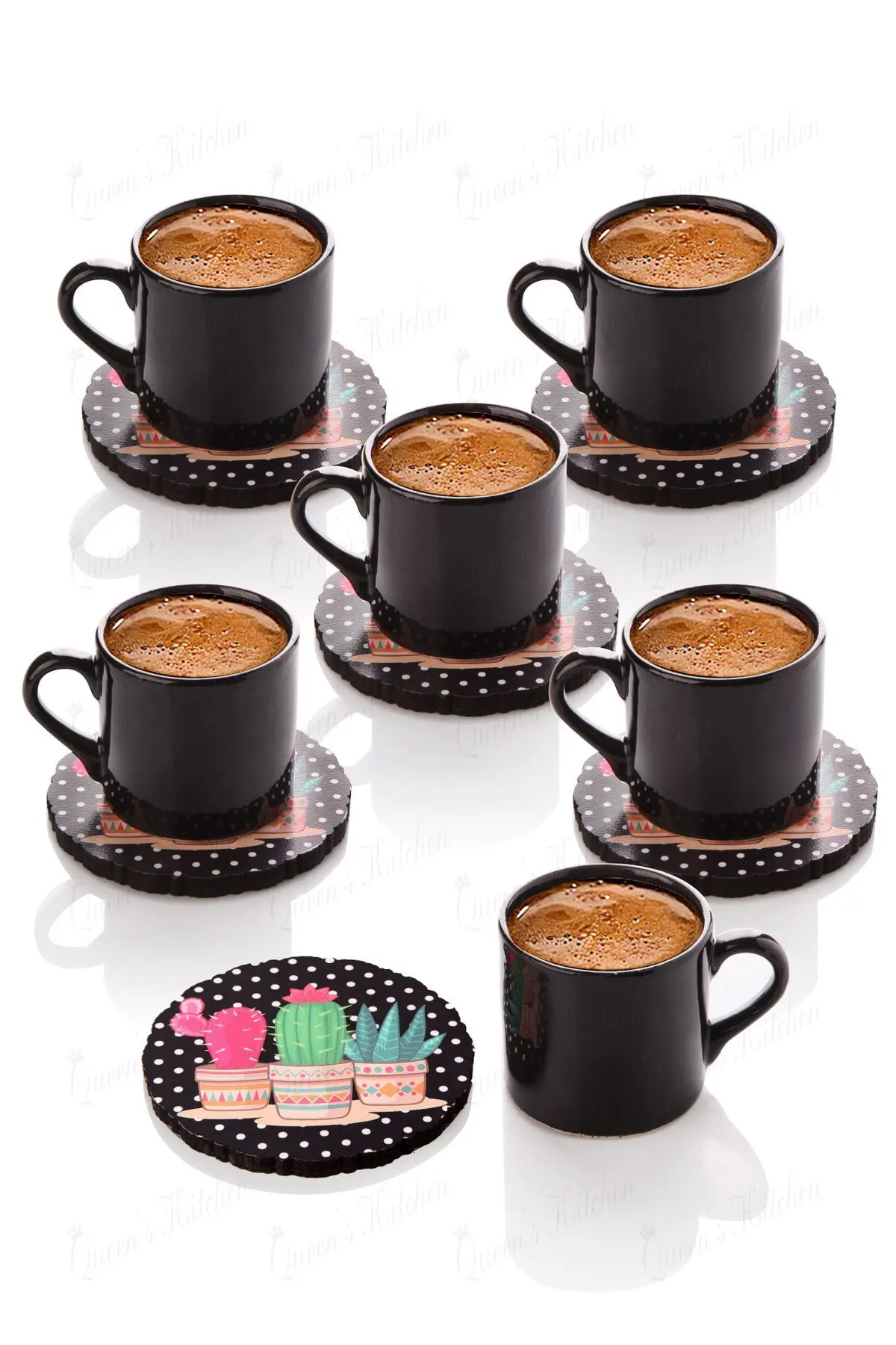 

6 Person Turkish Coffee Set with Cactus Plate Ceramic Coffee Cups For Turkish Coffee Enjoyment